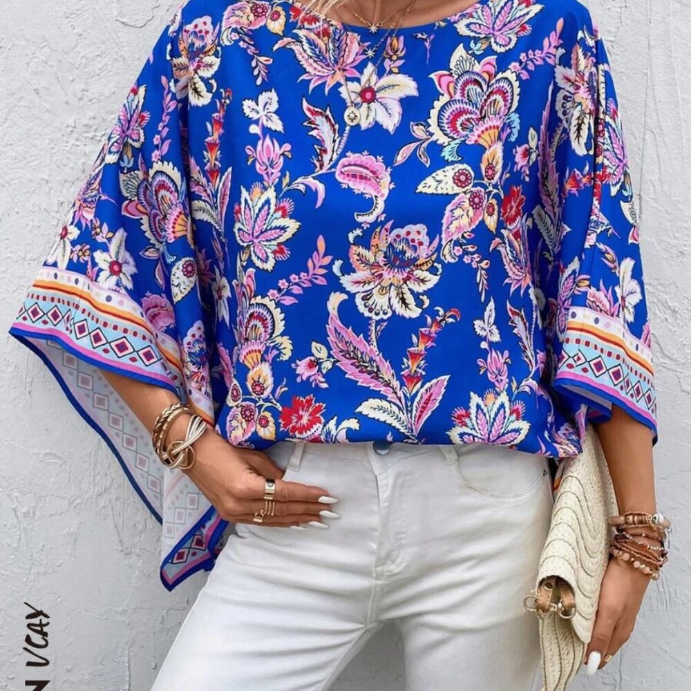 SHEIN VCAY Floral Print Batwing Sleeve Blouse